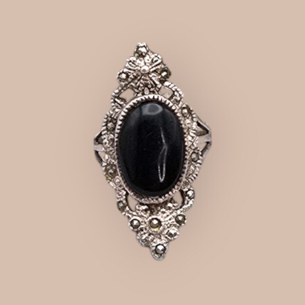 Black Onyx Marcasite Sterling Silver 925 Ring Size 8 – Art Deco Gothic